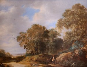 Landskab med hjorte (olie på egetræspanel) af Francois Knibbergen
