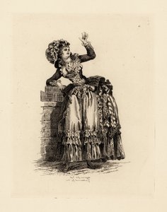 Moderigtig kvinde i motorhjelm a la Nicolet, Marie Antoinettes æra (radering) af Francois Louis Joseph (after) Watteau