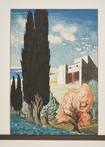 Tempel med Cypress Tree, fra Chained Prometheus af Aeschylus, pub. 1941 (stenciltryk) af Francois Louis Schmied