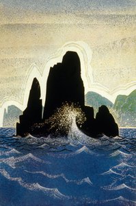 Odysseen af Homer: Gortynes klippe, indgraveret af Theo Schmied, 1930-33 farve litho af Francois Louis Schmied