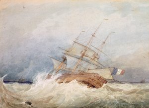 En fransk fregat i stormfuldt vejr (akvarel)