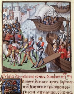 Syvende korstog: flåden af Croises ledet af Saint Louis fra Damiette i 1249. Miniature taget fra manuskriptet "Le Mirror historial de Vincent de Beauvais"", bind III af mesteren Francois (1400-tallet). Fol.418r. Musee Conde, Chantilly