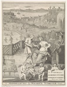 Hollandsk jomfru modtager blomster fra en gartner Titelblad for: Carolus Tuinman, Oprindelsen og fortolkningen af ​​(...) Nederduitsche ordsprog, 1726. af Francois Morellon la Cave