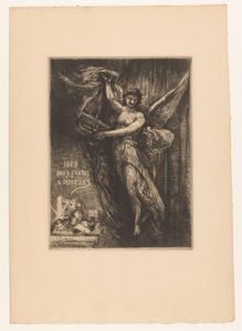 Titelprent sætter engel i drukpers 1879 Nye raderinger (titel på objekt) af Francois Nicolas Chifflart