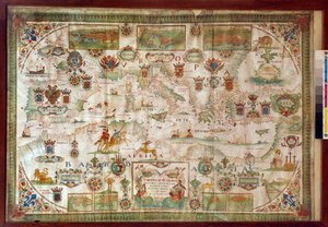 Geografisk kort over Middelhavet, der viser Europas kyster (Frankrig, Spanien, Italien og Afrika (Tunesien, Algeriet, Egypten). Havet er befolket med monstre og karaveller, mens der på landjorden er synlige alle slags dyr og indbyggere i regi af Francois Ollive