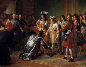 Proklamation af hertugen af Anjou, konge af Spanien under navnet Philip V, den 16. november 1700 (i blåt dragt, bag kardinalen til venstre, står Jacques-Benigne (Jacques Benigne) Bossuet). Maleri af Francois Gerard (1770-1837). 1700-tallet søn af Baron François Pascal Simon Gérard