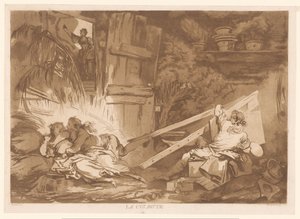 Ung snublende mand falder på en kvinde, der bliver malet La Culbute (titel på objekt) af Francois Philippe Charpentier