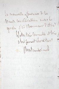 Brev med underskrift af forfatteren, skrevet i Frankfurt på vej til Chateaubriand ny post som befuldmægtiget minister i Berlin, 7. januar 1821 (pen og blæk på papir) af Francois Rene Vicomte de Chateaubriand