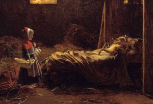 Lille Rødhætte, detalje. Illustration af historien om Charles Perrault, den lille rødhætte foran ulven forklædt som bedstemor. Maleri af Francois Richard Fleury (1777-1852) 1800-tallet søn. 0,35x0,47 m . af Francois Richard Fleury