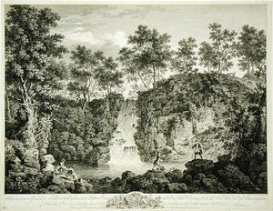 Udsigt over en kaskade ved Bolton Park, Craven, Yorkshire, udgivet 1753 (gravering) af Francois Vivarez