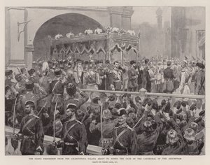 Czarens procession fra Granovitaya Palata ved at gå ind i porten til Assumption-katedralen (litho) af Frank (after) Dadd