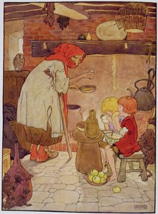 Hans og Grete bliver fodret af heksen, illustration fra 