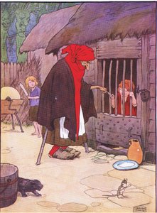 Den gamle kvinde lukkede Hansel i en stald, fra Hansel and Gretel udgivet af Blackie & Son Limited, ca. 1940