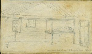 En-stolpet sengestel og bøffelskjul, 1851