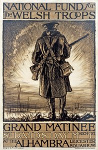 Plakat, der reklamerer for en fundraising-begivenhed for National Fund for the Welsh Troops, 1. marts, 1915, af Frank Brangwyn