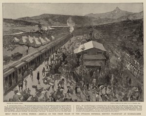 Hjælp fra en loyal prins, ankomst af det første tog fra Gwalior Imperial Service Transport ved Kushalgarh af Frank Craig