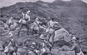 Forfølgelse af De Wets bagtrop i Takesberg, fra After Pretoria: The Guerilla War udgivet af Harmsworth Bros Limited af Frank Dadd