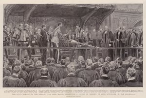 Byens hyldest til sirdaren, hvor overborgmesteren overrakte et æresværd til Lord Kitchener i Guildhall af Frank Dadd