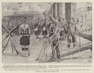 The Home-Coming of the Gordon Highlanders, oberst Mathias ser ud for den første løsrivelse fra Liverpool Docks til Edinburgh af Frank Dadd