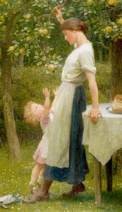 "Daughters of Eve" En lille pige forsøger at fange et æble på en gren. Akvarel af Frank Dicksee (1853-1928) 1925 Privat samling af Frank Dicksee