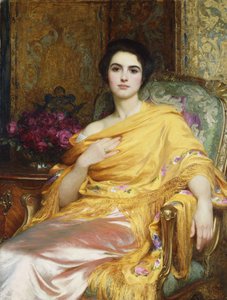 Portræt af Elsa, datter af William Hall, trekvart længde, siddende iført en lyserød kjole og gul omslag, 1927