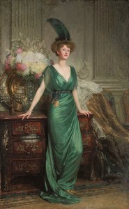 Portræt af Hon. Mrs. Ernest Guinness, stående, iført en smaragdskjole og fjer, 1912 af Frank Dicksee