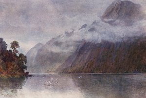New Zealand: I Milford Sound (farvelitografi) af Frank H Wright