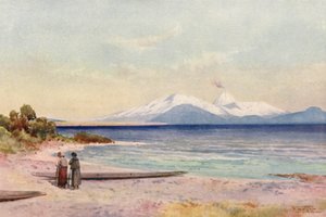 New Zealand: Lake Taupo (farvelitografi) af Frank H Wright