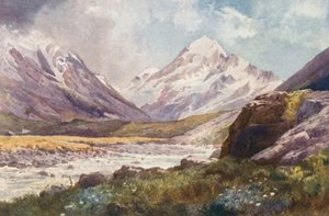 New Zealand: Mount Cook (farvelitografi) af Frank H Wright