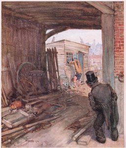 Da han ankom til sin destination, var det første, han så, et par meget ufuldstændigt skodde fødder i luften, ca. 1920 (farvelitografi). af Frank Reynolds