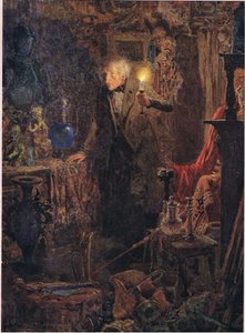 Han var en lille gammel mand med langt gråt hår, hvis ansigt og figur, da han holdt lyset over hovedet og så foran sig, ca. 1920 (farvelitografi) af Frank Reynolds