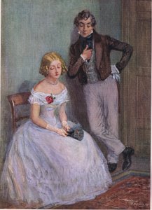 "Jeg er sikker på, at jeg ikke ved, hvad du mener, hr. Swiveller," sagde frøken Sophy med nedslagne øjne, ca. 1920 (farvelitografi). af Frank Reynolds