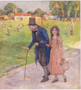 Det var et meget lille sted. Mændene og drengene spillede cricket på den grønne plæne, ca. 1920 (farvelitografi)
