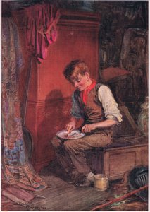 Kit bar en stor skive brød og kød ind i et hjørne, hvor han med stor iver kastede sig over det , ca. 1920 (farvelitografi) af Frank Reynolds