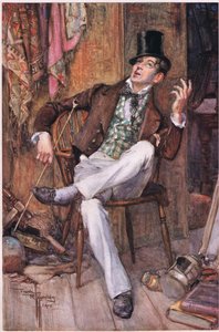 Mr Swiveller lænede sig tilbage i sin stol med øjnene rettet mod loftet og lagde af og til stemmen i en nødvendig tone, ca. 1920 (farvelitografi). af Frank Reynolds