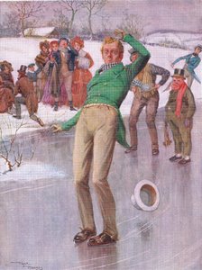 Hr. Winkle på isen (Pickwick Papers) (farvelitografi) af Frank Reynolds