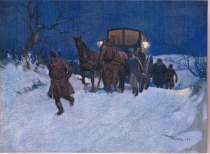 Tæt på rejsens afslutning, ca. 1920 (farvelitografi) af Frank Reynolds