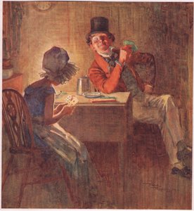 Marchionessen holder sine kort meget stramt i begge hænder og overvejer, hvilke hun skal spille, ca. 1920 (farvelitografi) af Frank Reynolds
