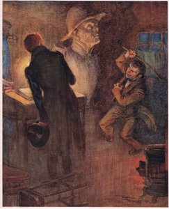 Dværgen smed den avis fra sig, hvor han havde messet de allerede citerede ord, og greb en rusten jernstang, ca. 1920 (farvelitografi).