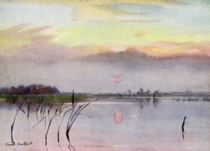 Norfolk Broads: Sunset, Heigham Sounds (farve litho) af Frank Southgate