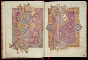 Ms McClean 30, ff.2v-3r: Indledende sider indrammet med Acanthus-blade, fra Reichenau Epistolary, slutningen af det 10. århundrede (guldblæk & tempera på pergament)