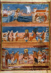 Sankt Hieronymus forlader Rom og betaler sin lærer i Jerusalem (øverst), arbejder med sine skriftlærde (i midten) og distribuerer Vulgata (nederst). Miniature i "" Første bibel af Karl den Skaldede, også kendt som Bibelen om Vivien"" (Folio 3v), 845-846. B af Frankish School
