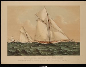 Mayflower hyldet af flåden. Krydser stævnen på Galatea i hendes første kapsejlads om America