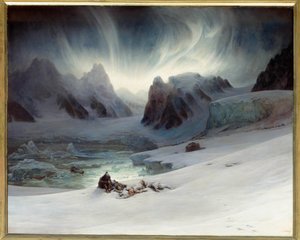 Magdalena Bay viewed from Peninsula Tomb, North Spitsbergen. Aurora borealis effect. Oil on canvas, 1.30 x 1.63 m. - “” Magdalena Bay, view taken from the peninsula of tombs north of Spitzberg, effect of aurora boreale ”” Painting by Francois Auguste Biard