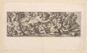 Bacchus med satyr, nereid og putti i vandet Mytologiske figurer ved vandet (serietitel) af François Bignon (attributed to)