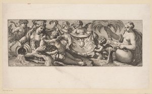Putto med et brændende hjerte og gennemboret af nogle vandnymfer Mytologiske figurer ved vandet (serietitel) af François Bignon