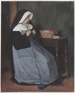 En nonne, der sidder ved et bord, strikker