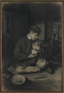 Siddende dreng holder en kat (recto); Studie af killinger og en tallerken mælk (verso), ca. 1874-80 (sort kridt forhøjet med hvidt kridt på råhvidt lagt papir) af François Bonvin