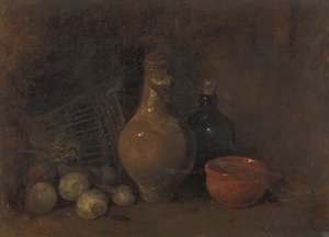 Stilleben med fire frugter, glas og keramik af François Bonvin