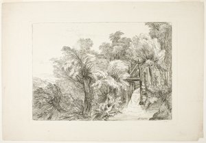 A Mill Lock in the Middle of Willows, planche 97 fra figurer af forskellige karakterer, landskaber og studier tegnet fra naturen af François Boucher